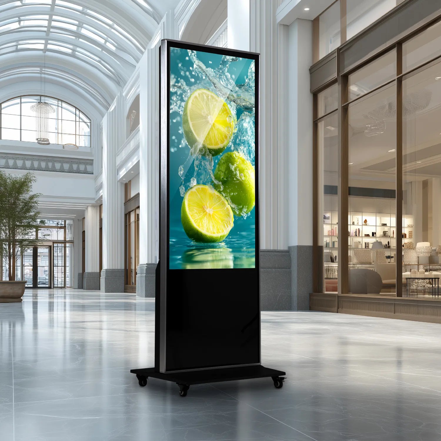 Digital display Vertical Interactive Touch Screen Kiosk showing limes in water in a modern building lobby.